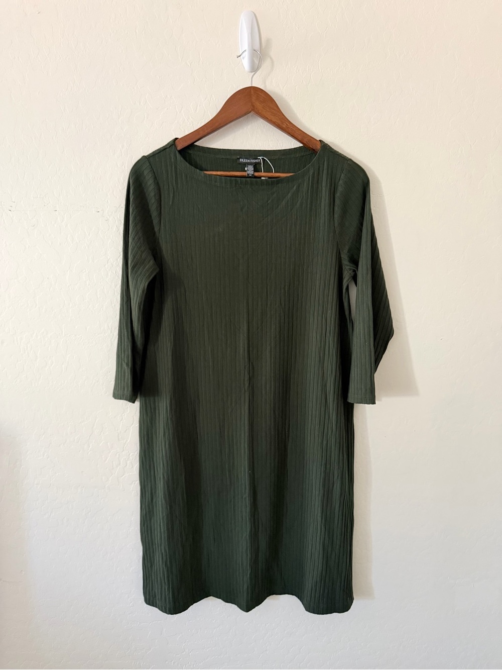Eileen Fisher S Green Tencel Stretch Ribbed 3/4 Sleeve Shift Dress